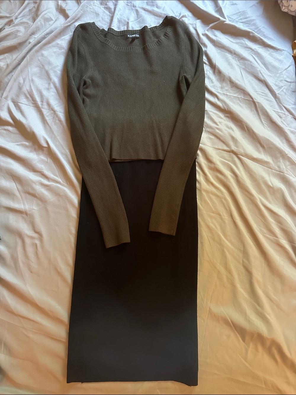 Two-Tone Olive Green & Black Long Sleeve Knit top and skirt set